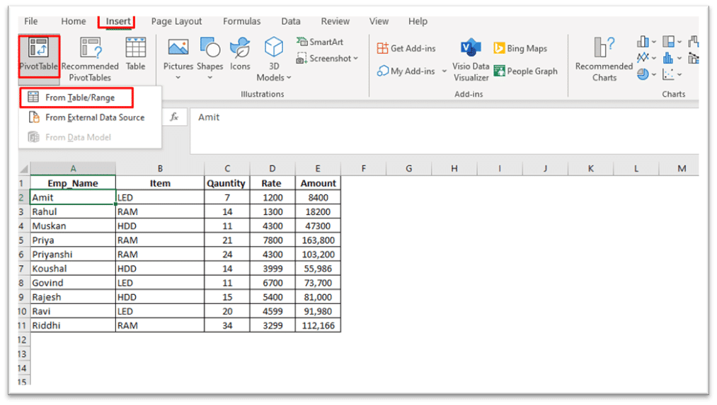 Start the pivot table wizard