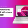 Gradient pink-purple banner featuring a laptop displaying Windows 11 with the title 'How to Download and Install Windows 11 ISO' on a white card on the left, and the site URL below.