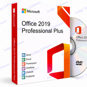 Microsoft Office 2019 Professional Plus software box with a matching DVD, listing Word, Excel, PowerPoint, OneNote, Outlook, and Publisher