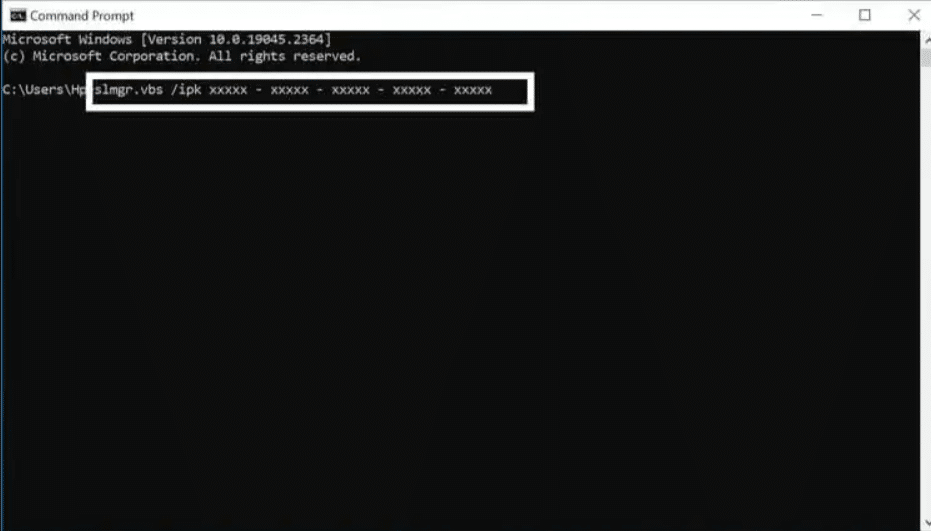 windows-11-command-promte - Indigo Software command screen showing command and window key to Fix 0xC004F050