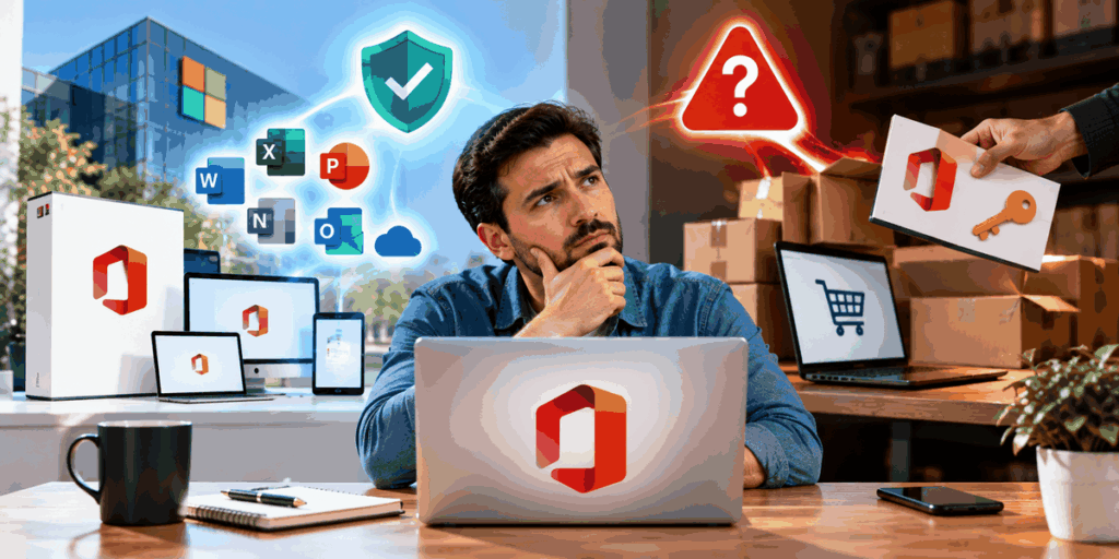 is it safe to buy microsoft office from a third party reseller indigo software man at a desk with a laptop showing the office logo surrounded by office app icons cloud and shield graphics contemplating with warehouse boxes in the background
