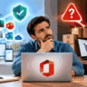 Man at a desk with a laptop showing the Office logo, surrounded by Office app icons, cloud and shield graphics, contemplating with warehouse boxes in the background.