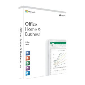 box packaging for microsoft office home & business 2019 for mac showing word excel powerpoint icons on the left side and a chart image on the right