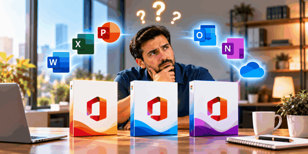 office 2019 vs 2021 vs 2024 indigo software a man sits at a desk pondering three microsoft office boxes word excel powerpoint with floating app icons and question marks overhead