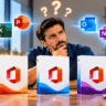 A man sits at a desk pondering three Microsoft Office boxes (Word, Excel, PowerPoint) with floating app icons and question marks overhead.
