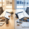 two colleagues sit at a long office table each focused on a laptop with notebooks a mug and phone on the left and papers on the right