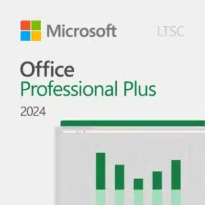 product graphic for microsoft office professional plus 2024 ltsc featuring the microsoft logo and a partial green bar chart