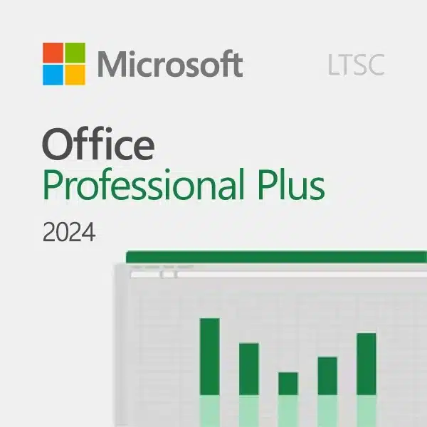 2024officeprofessionalplus 1 indigo software product graphic for microsoft office professional plus 2024 ltsc featuring the microsoft logo and a partial green bar chart