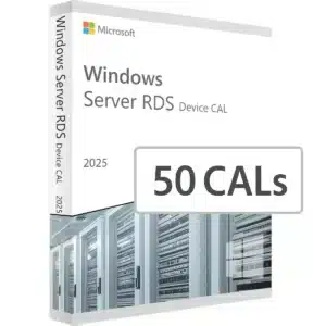 product box for windows server rds device cal 2025 with a 50 cals label showing server racks at the bottom