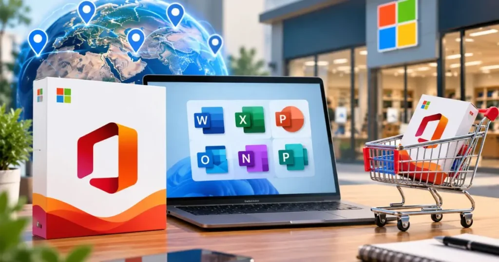 Where to buy Microsoft Office: a boxed Office copy, a laptop showing Office apps, a shopping cart and a Microsoft store