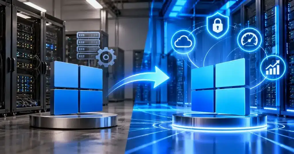 Windows Server 2025 vs 2022 upgrade shown before and after in a data centre, with security, cloud, performance and growth icons